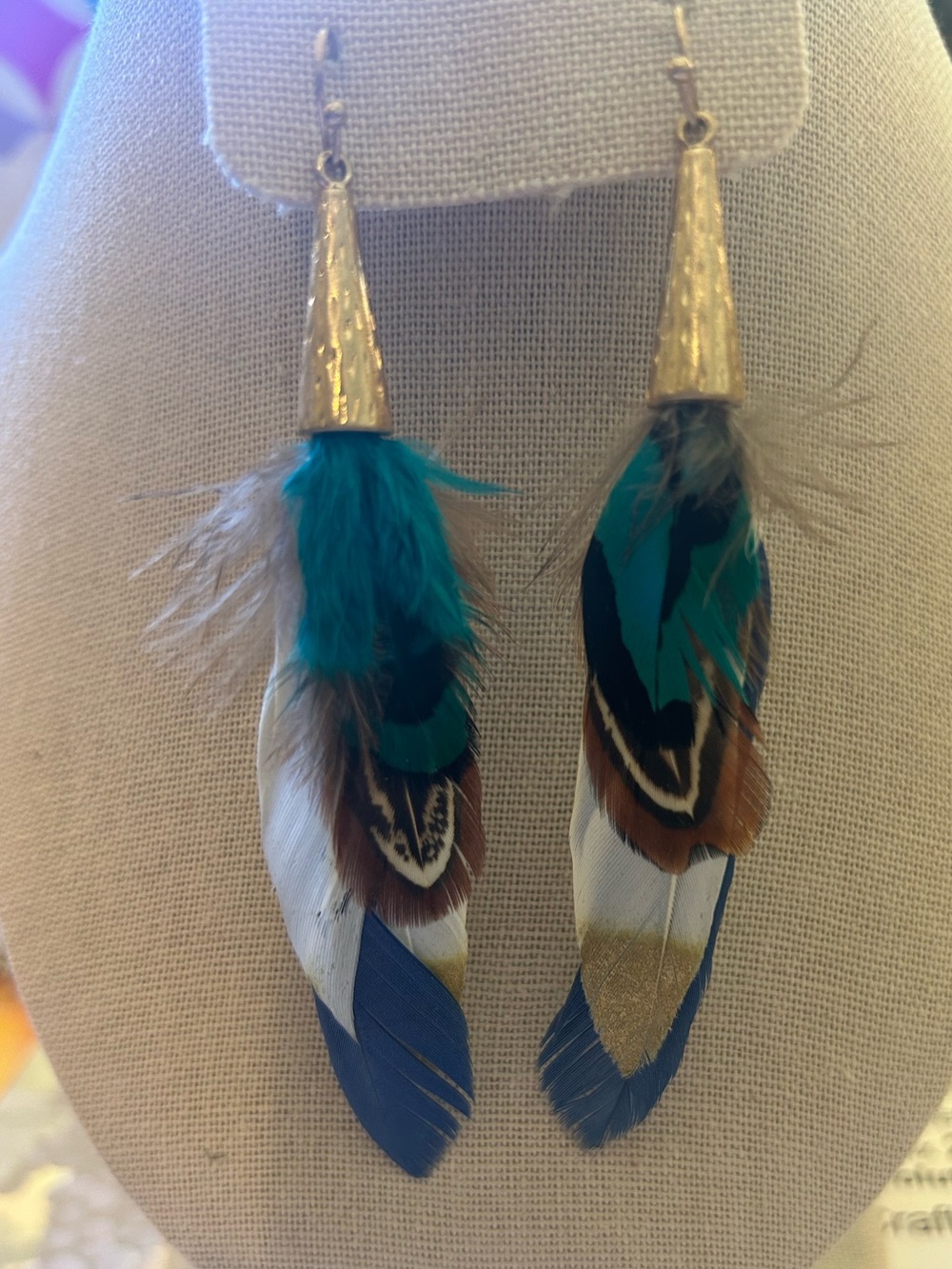 Feather Drop Earrings in Teal, Blue & Brown